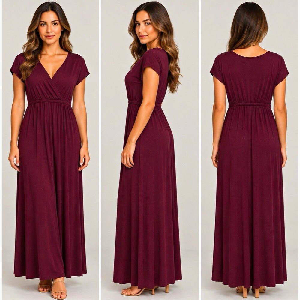 Amazon Essentials Burgundy Maroon Solid V-Neck Short Sleeve Maxi Dress Women’s S